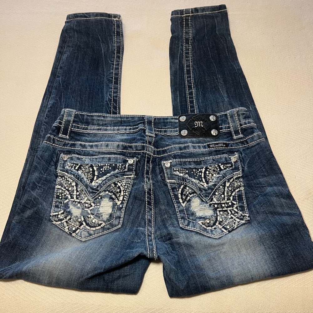 Miss Me Easy Skinny Y2K 2000s Dark Wash Thick Stitch Low Rise Size 27 - Picture 3 of 10